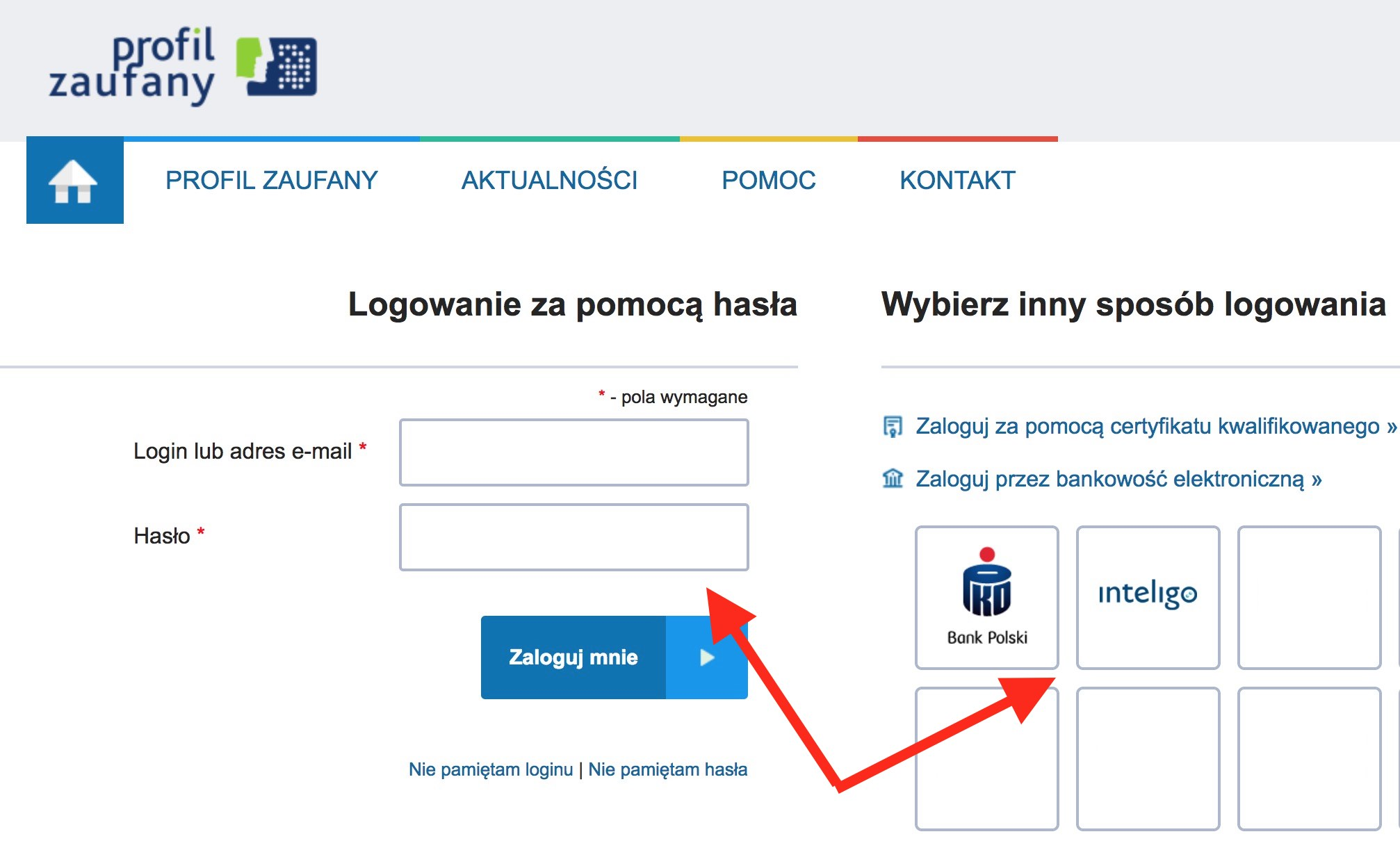 Zostaniesz przeniesiony na stronę Profilu Zaufanego, gdzie należy dokonać logowania za pomocą hasła lub przez bankowość elektroniczną PKO Banku Polskiego lub Inteligo