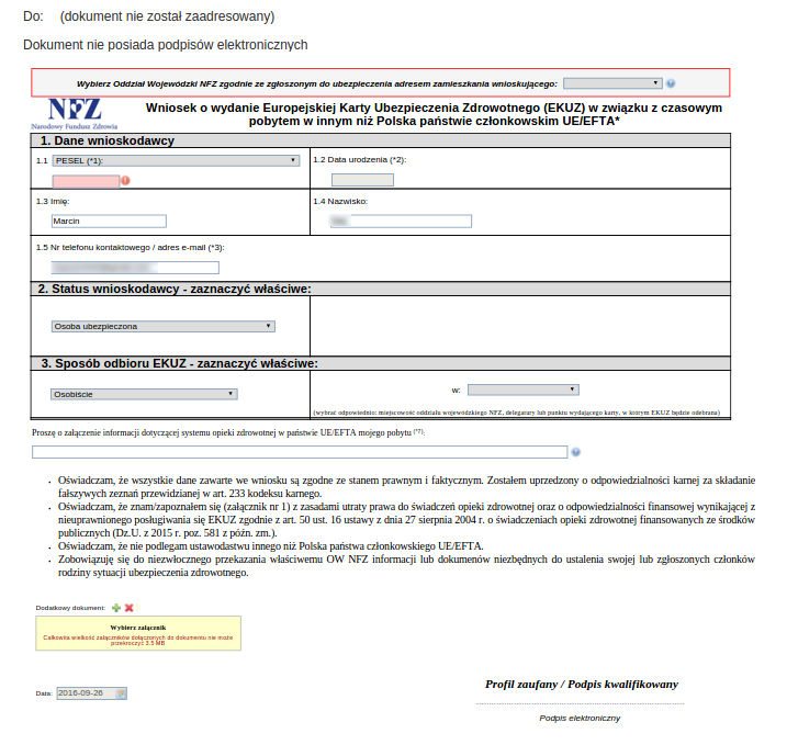 Wniosek o EKUZ przez internet