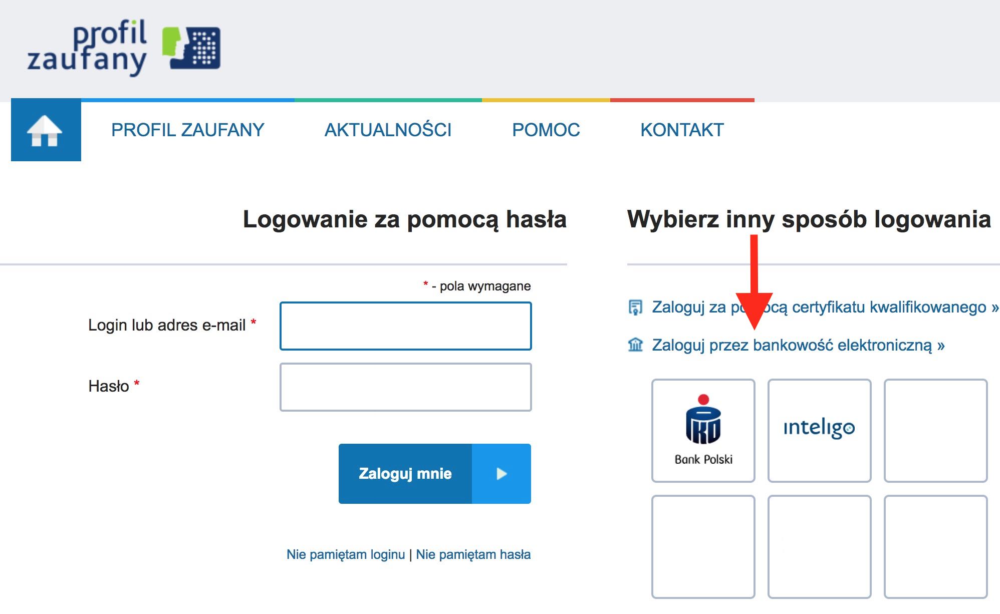 W kolejnym kroku wybierz opcję logowania za pomocą banku. 