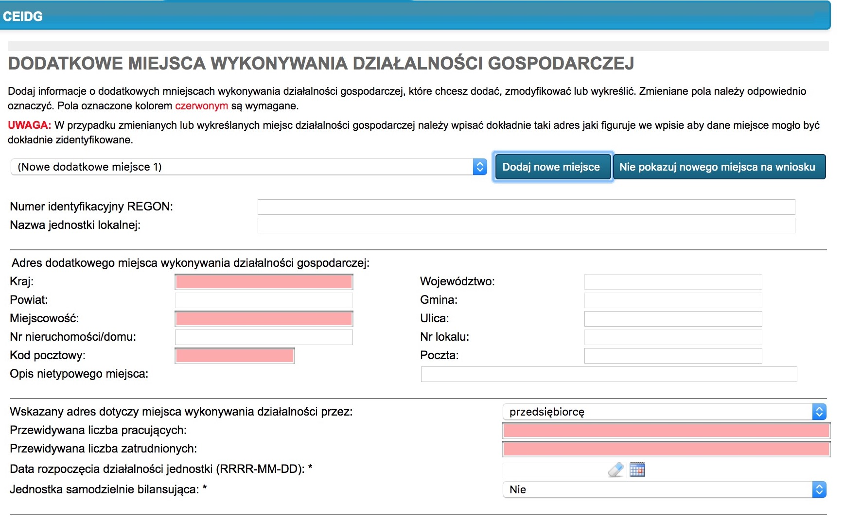 W tym celu kliknij Dodaj nowe miejsce. Spowoduje to pojawienie się nowych pół formularza, które należy wypełnić zgodnie z opisami.