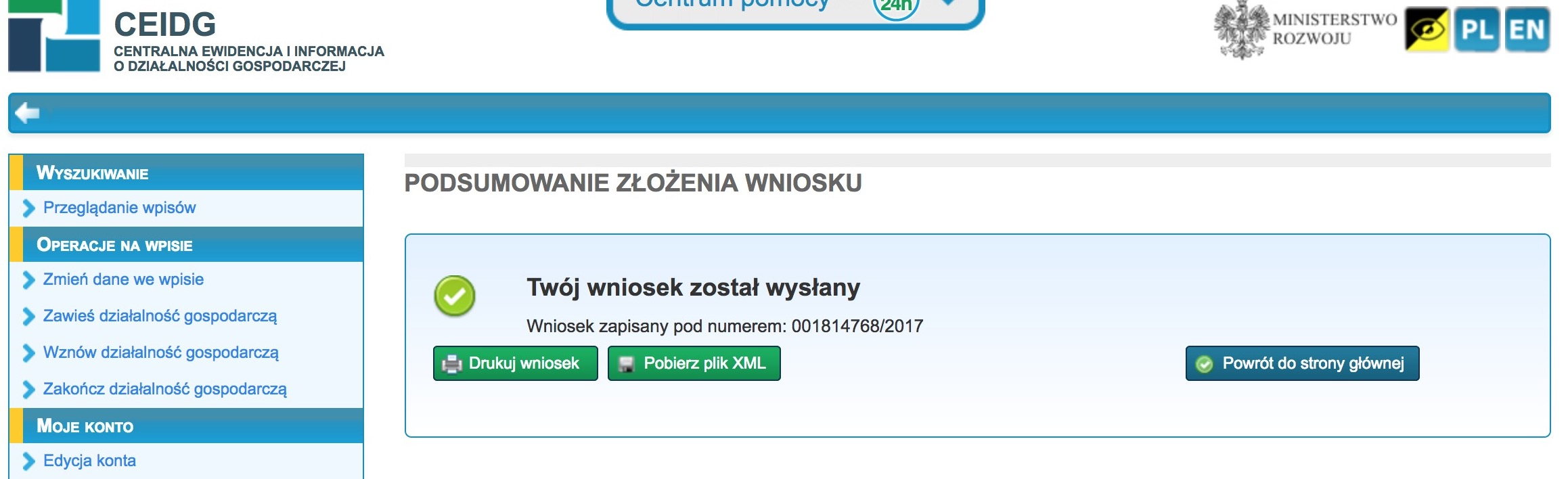 Podsumowanie złożenia wniosku