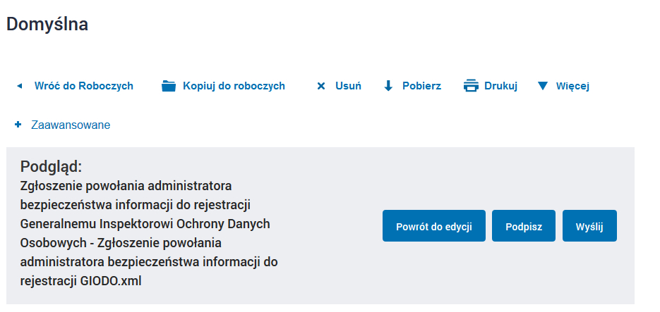 Kolejnym krokiem może być zapisanie wniosku (jeśli chcesz jeszcze nad nim pracować – przycisk Zapisz lub jego podpisanie (przycisk Dalej)