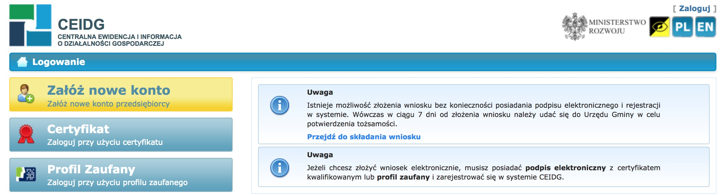 Zalogowanie się do serwisu CEIDG za pomocą Profilu Zaufanego