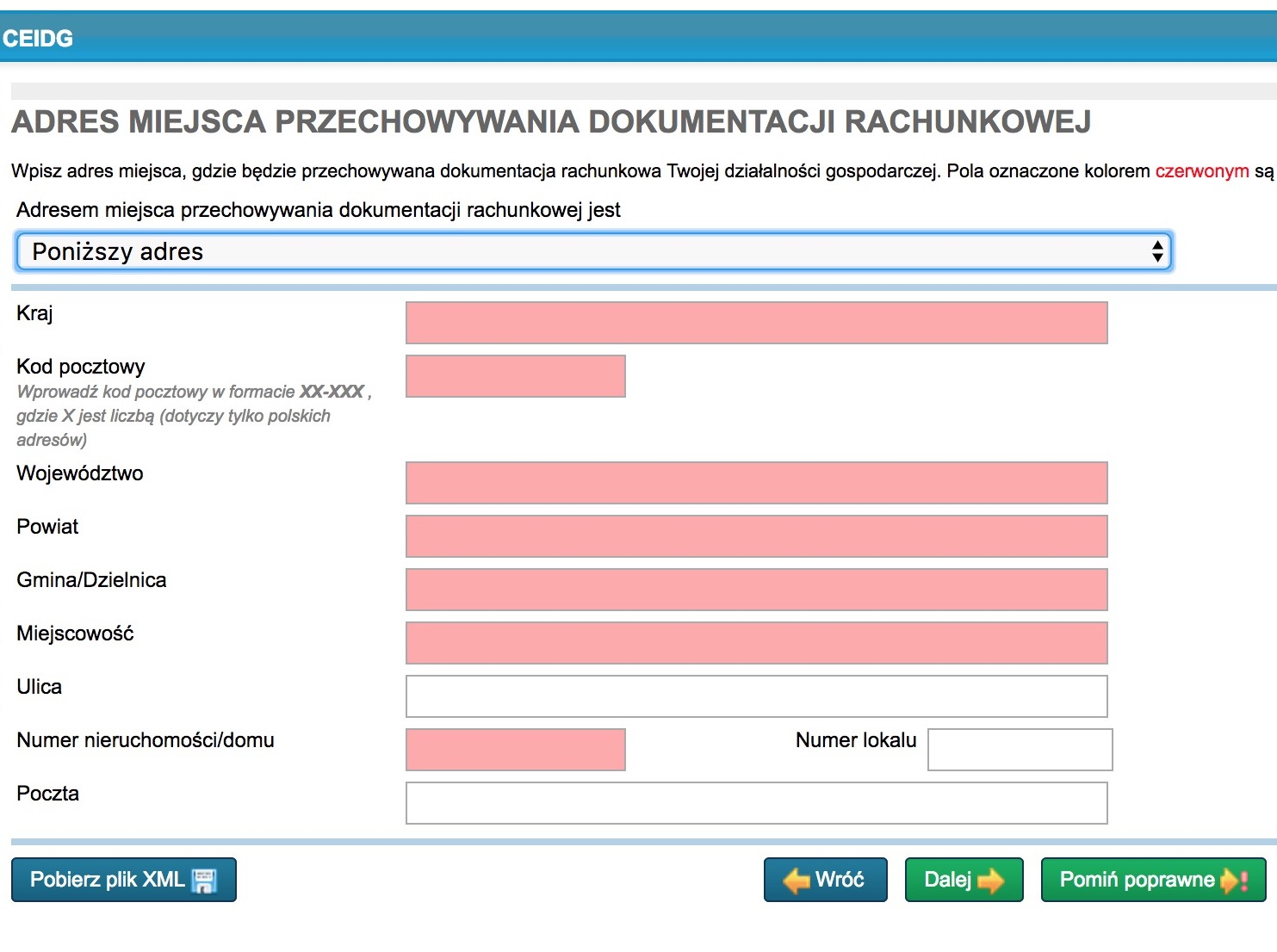Adres miejsca przechowywania dokumentacji rachunkowej