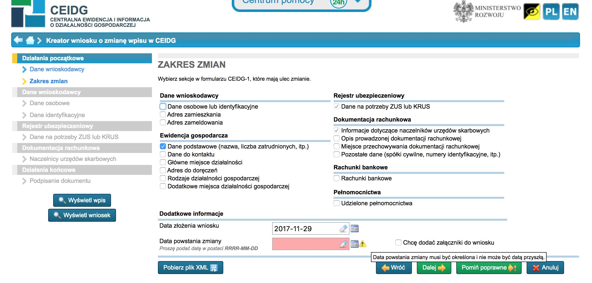 W następnym kroku określasz zakres zmian, jakich będziesz dokonywać we wpisie do ewidencji CEIDG