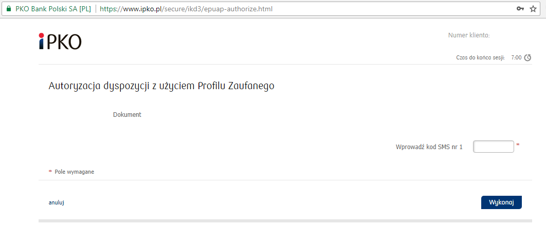 Po zalogowaniu się na konto iPKO pojawi się okienko o nazwie Autoryzacja dyspozycji z użyciem Profilu Zaufanego.