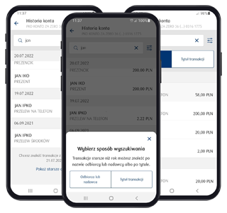 Widok historii konta i wyszukiwarki w aplikacji mobilnej IKO