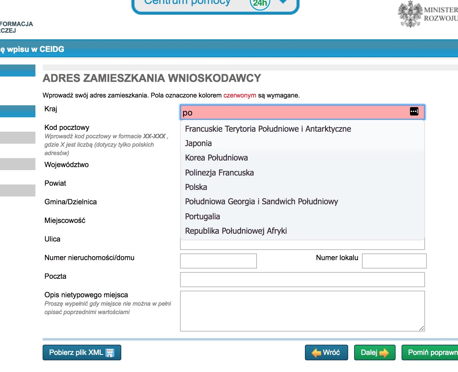 Większość pól formularza bardzo szybko wyświetla podpowiedzi podczas wprowadzania pierwszych liter z nazwy np. miejscowości, ulicy lub urzędu. 